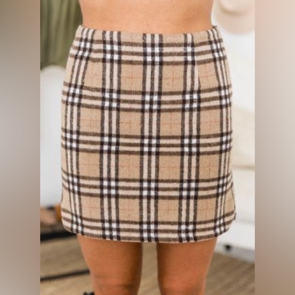 Pink Lily Tan Plaid Mini Skirt